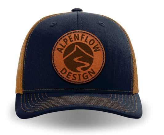 Leather Patch Logo Trucker Hat Hats AlpenFlow Design Navy + Caramel 