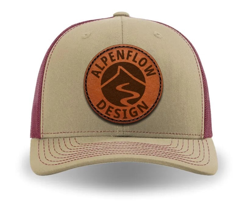 Leather Patch Logo Trucker Hat Hats AlpenFlow Design Khaki + Burgandy 